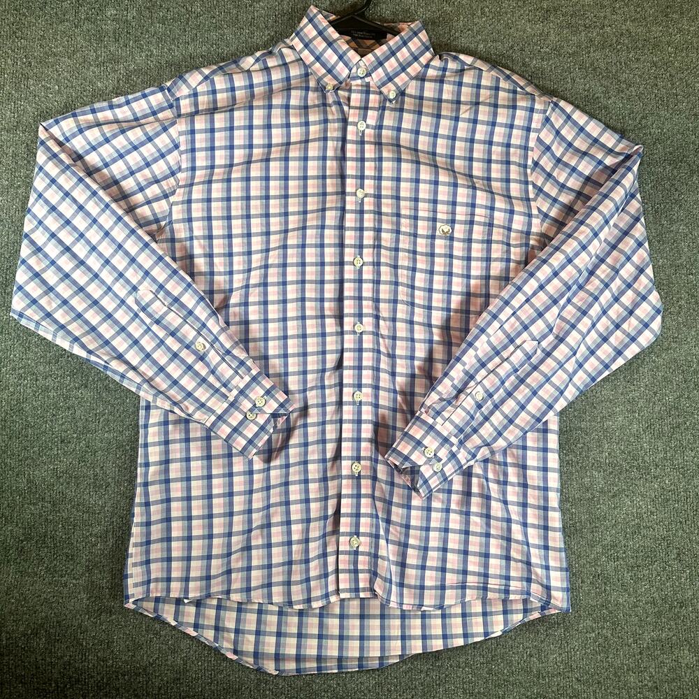 Cotton Brothers Men M Pink Blue Plaid Long Sleeve Button Down Shirt Wrinkle Free